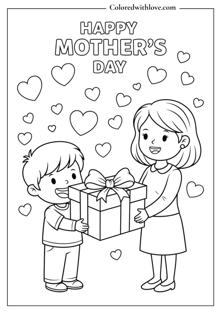 Mother’s Day coloring page showing a child giving a wrapped gift to their mom with hearts around, simple outline design