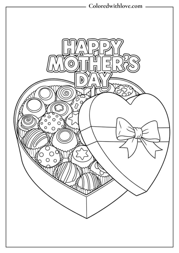 Mother’s Day coloring page of a heart-shaped chocolate gift box with Happy Mother’s Day text, printable outline for kids