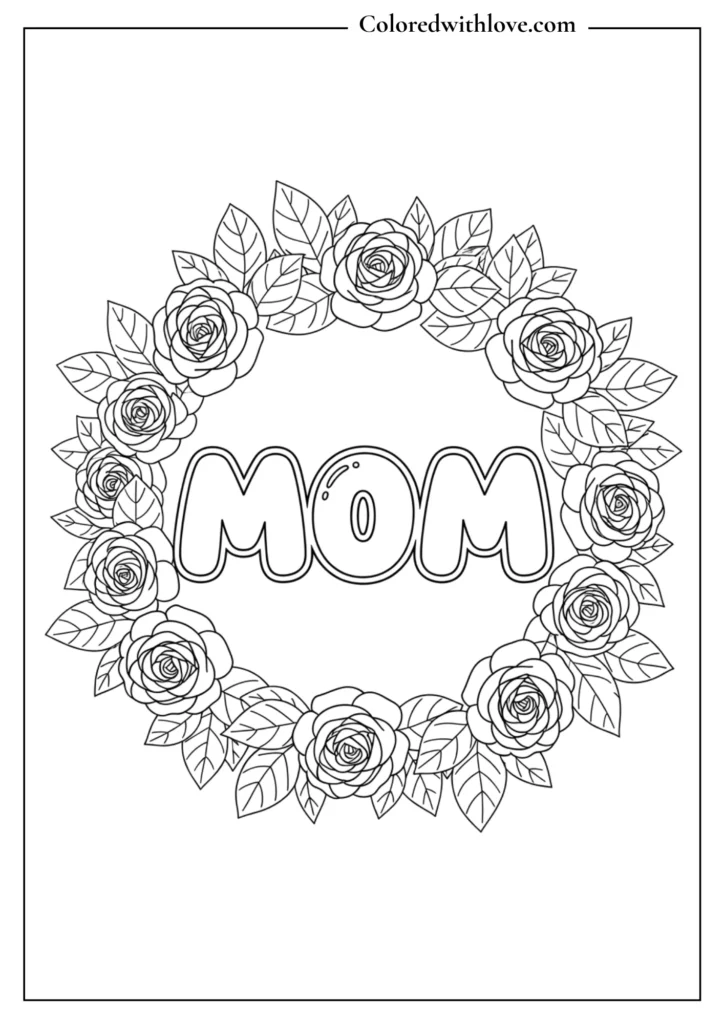 Black and white Mother’s Day coloring page showing the word MOM inside a floral wreath, simple outline design for kids to color