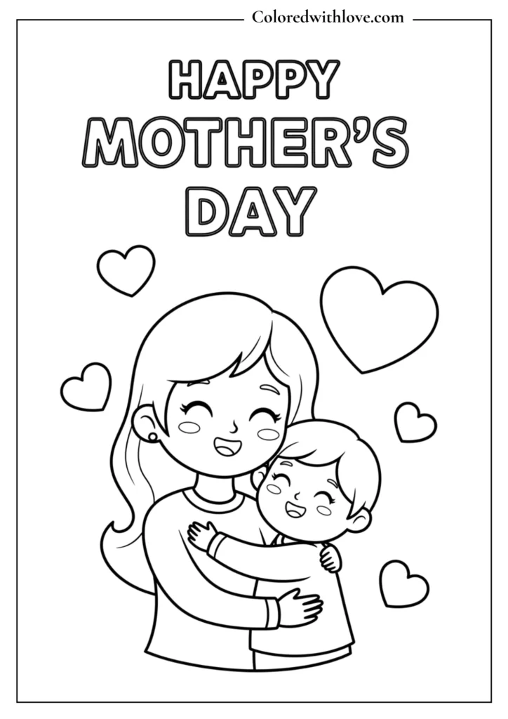 Mother’s Day coloring page of a smiling mom hugging her child with hearts around, simple black and white drawing for kids