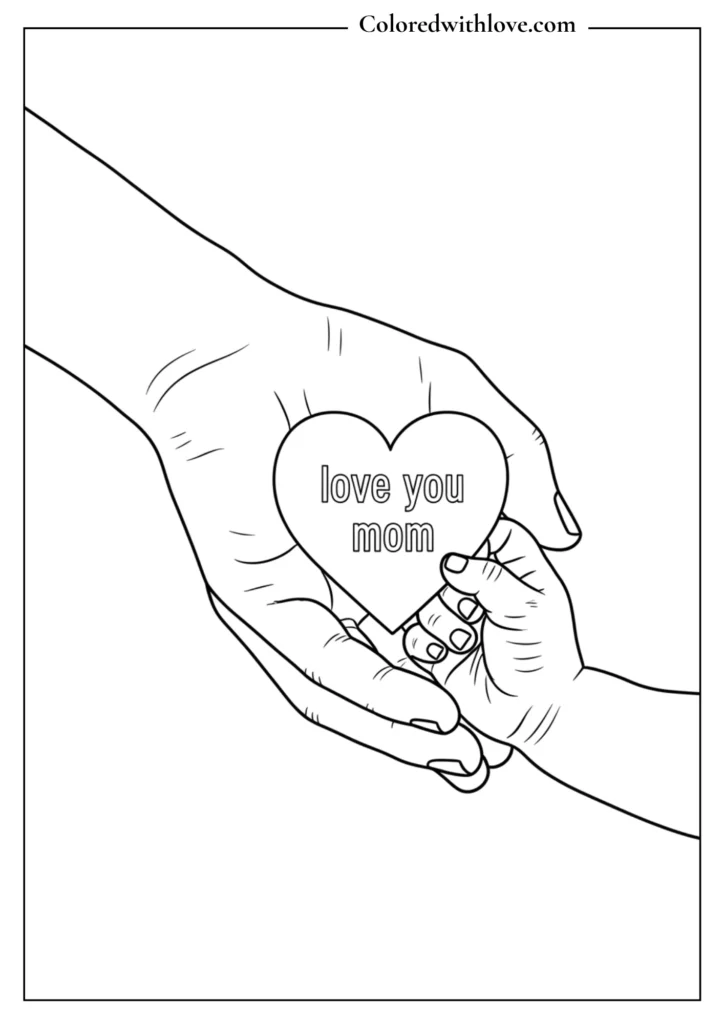 Mother’s Day coloring page showing a child and mother holding a heart with love you mom text, emotional outline drawing