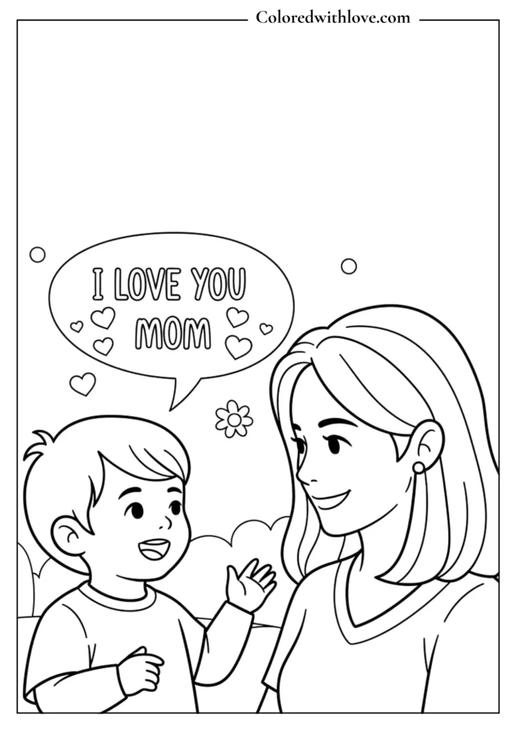 Mother’s Day coloring page of a child telling I love you mom in a speech bubble, cute and emotional outline drawing