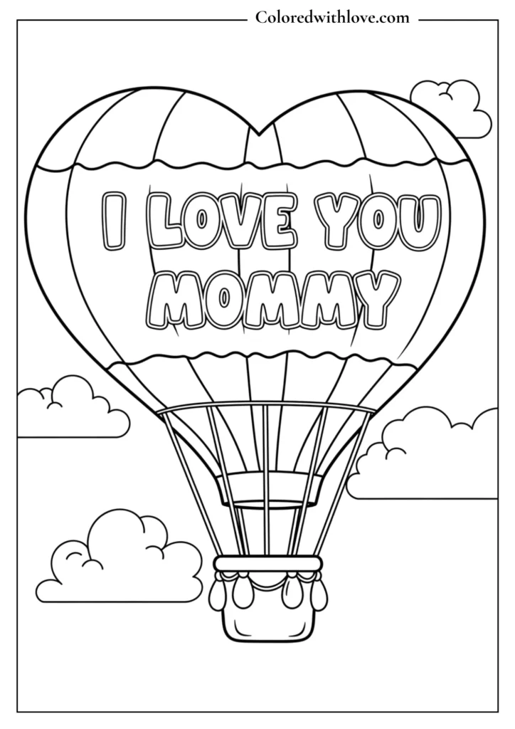 Cute Mother’s Day coloring page of a heart-shaped hot air balloon with I love you mommy text, kids printable