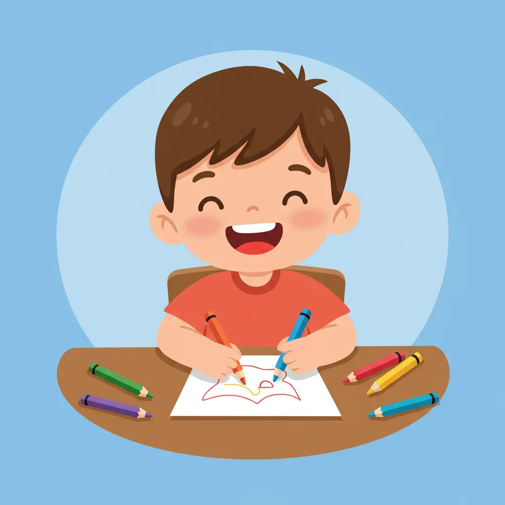 Laughing young boy drawing on paper with colorful pencils spread across the desk