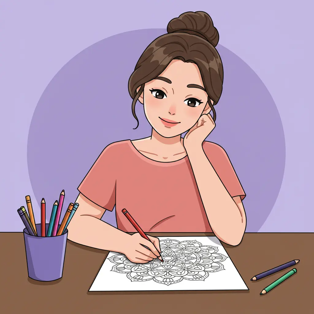 Woman sitting at a desk coloring a detailed mandala for relaxation and stress relief