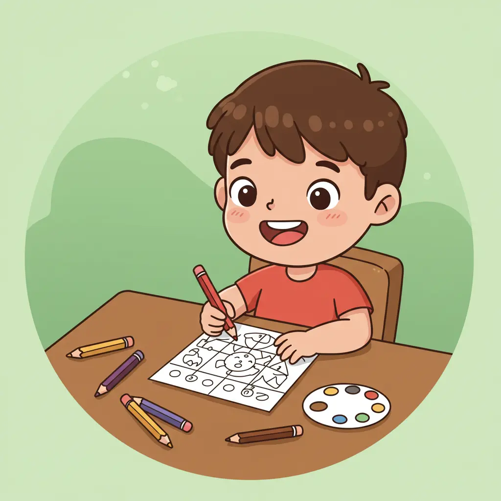 Smiling young boy coloring a simple educational drawing with colored pencils at a desk