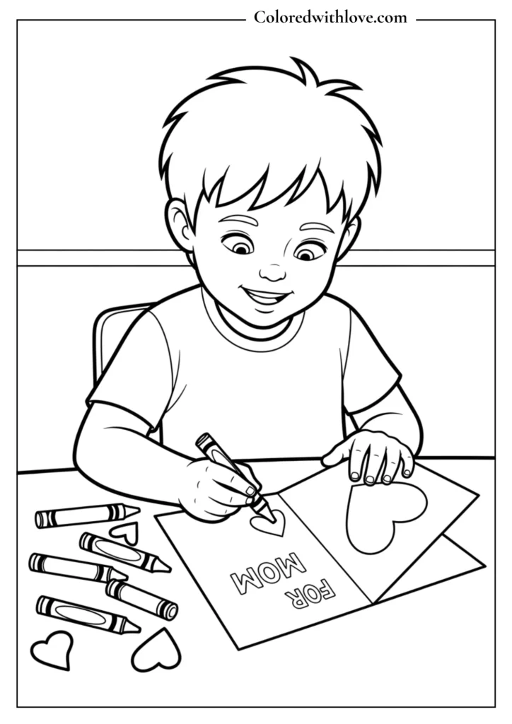 Mother’s Day coloring page of a child drawing a card for mom with crayons, sweet black and white illustration for kids