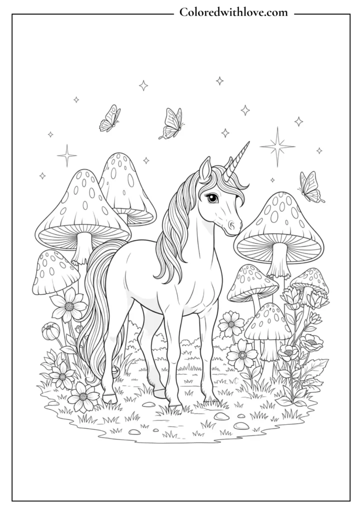 A beautiful unicorn standing in an enchanted forest surrounded by mushrooms, flowers, butterflies, and sparkling stars