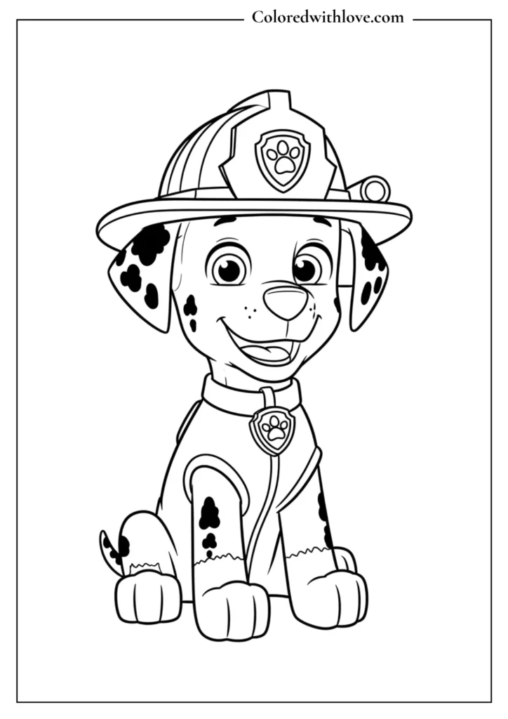 Paw Patrol Marshall sitting in firefighter helmet coloring page