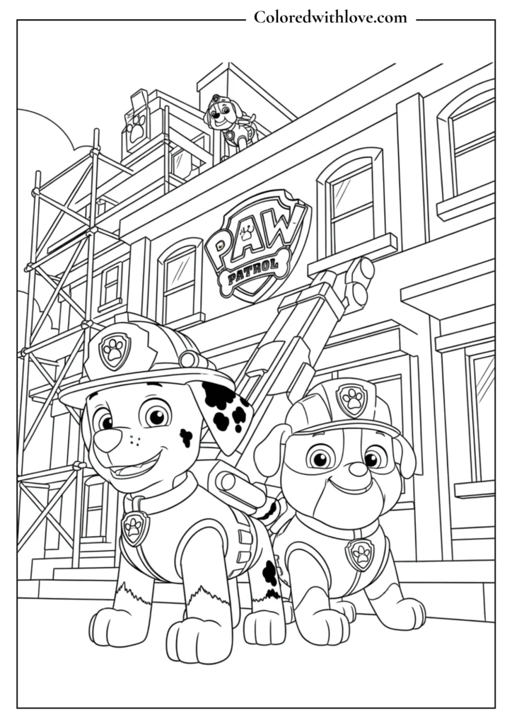 
Marshall and Rubble from Paw Patrol emergency building rescue Coloring Page