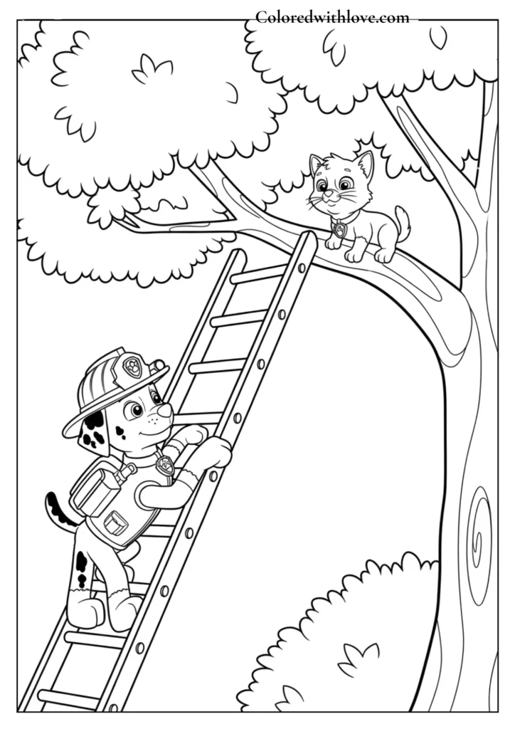 Paw Patrol Marshall climbing ladder to rescue kitten coloring page