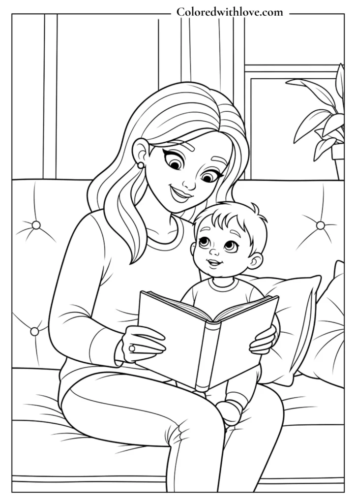 Sweet Mother’s Day coloring page of a mom reading a book with her baby on the couch, cozy black and white illustration