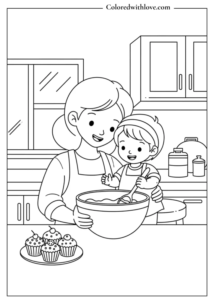 Mother’s Day coloring page of a mom and young child baking together in the kitchen, sweet black and white illustration for kids