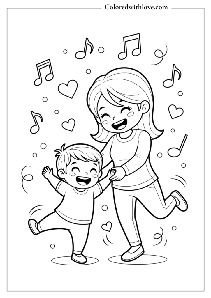 Happy Mother’s Day coloring page of a mom and child dancing together with music notes and hearts