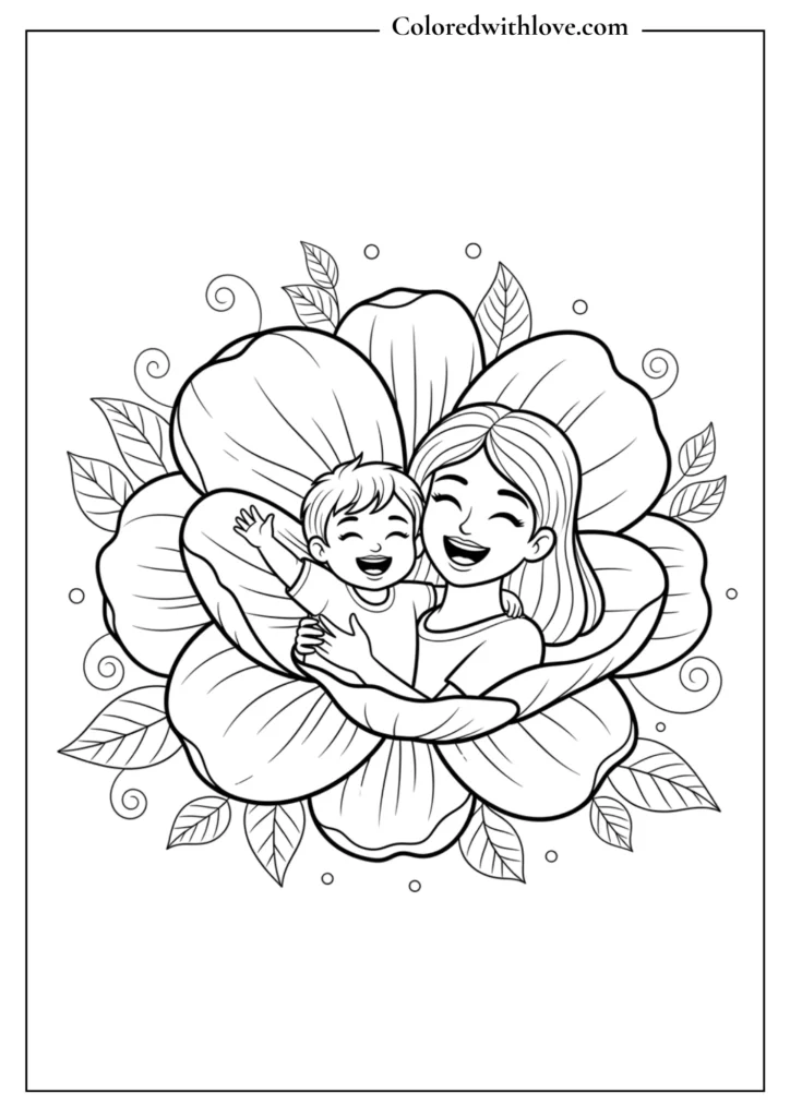 Mother’s Day coloring page of a happy mom holding her child inside a large flower, decorative floral outline illustration