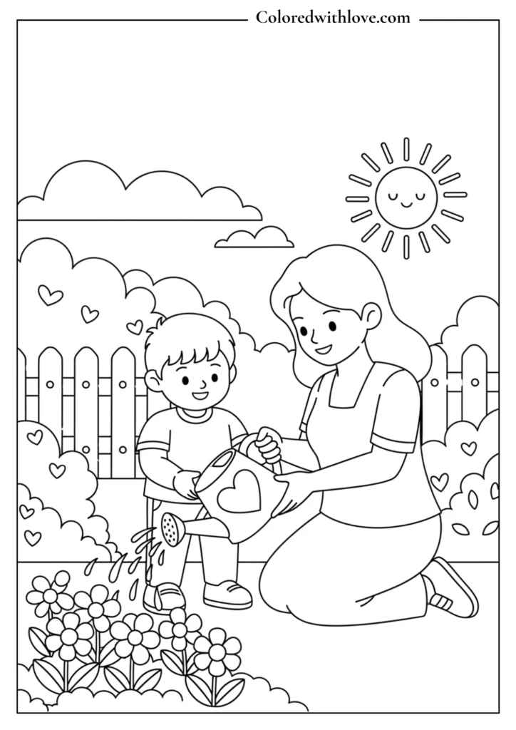 Mother’s Day coloring page showing a mom and child watering flowers together in the garden, simple outline scene for kids
