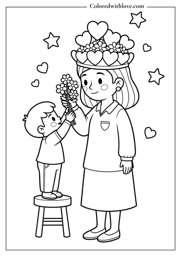 Mother’s Day coloring page of a mom wearing a heart and flower crown while her child gives her flowers, sweet outline art
