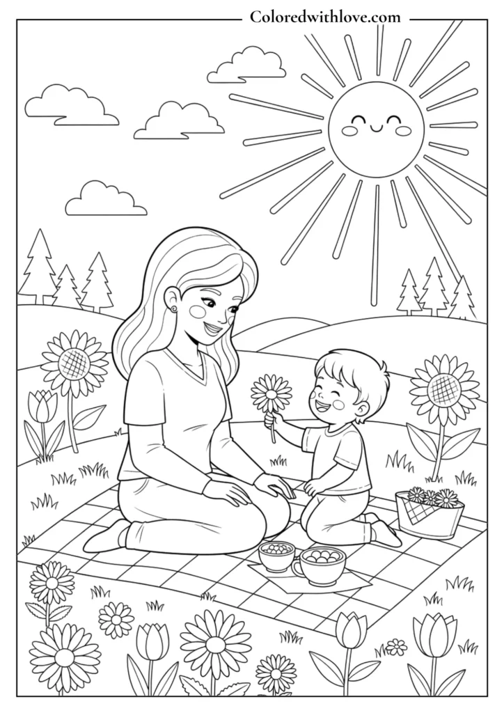 Mother’s Day coloring page showing a mom and child having a picnic with flowers and sunshine, detailed black and white scene
