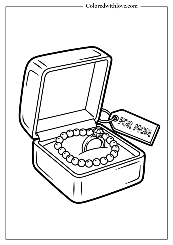 Simple black and white coloring page showing a jewelry box with a bracelet and For Mom tag, Mother’s Day printable for kids