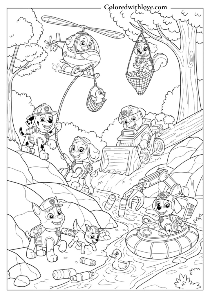 Paw Patrol team cleaning river and rescuing animals coloring page
