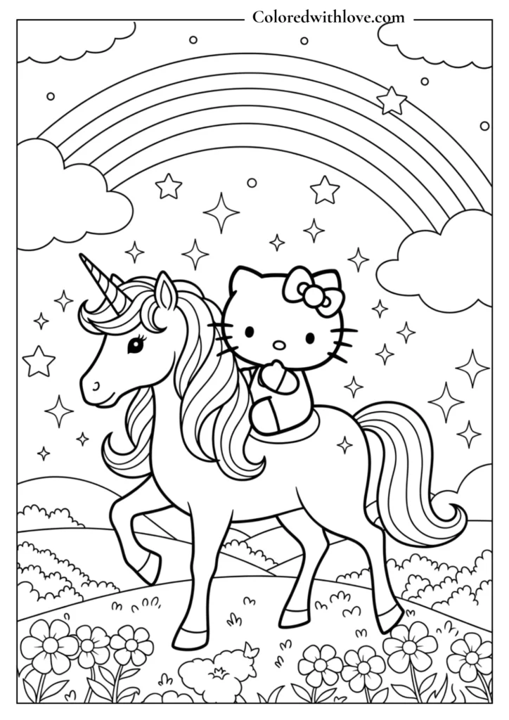 Hello Kitty riding a magical unicorn under a rainbow with stars and clouds, fantasy coloring page for kids