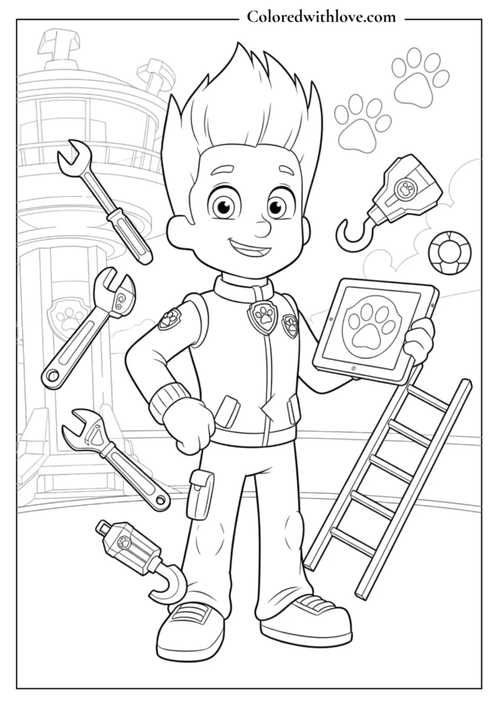 Paw Patrol Ryder holding tablet with tools around coloring page