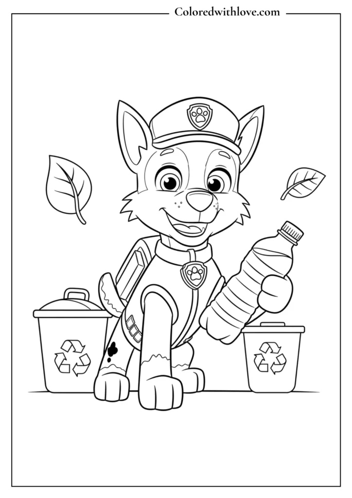 Paw Patrol Rocky holding recycling bottle with recycle bins coloring page