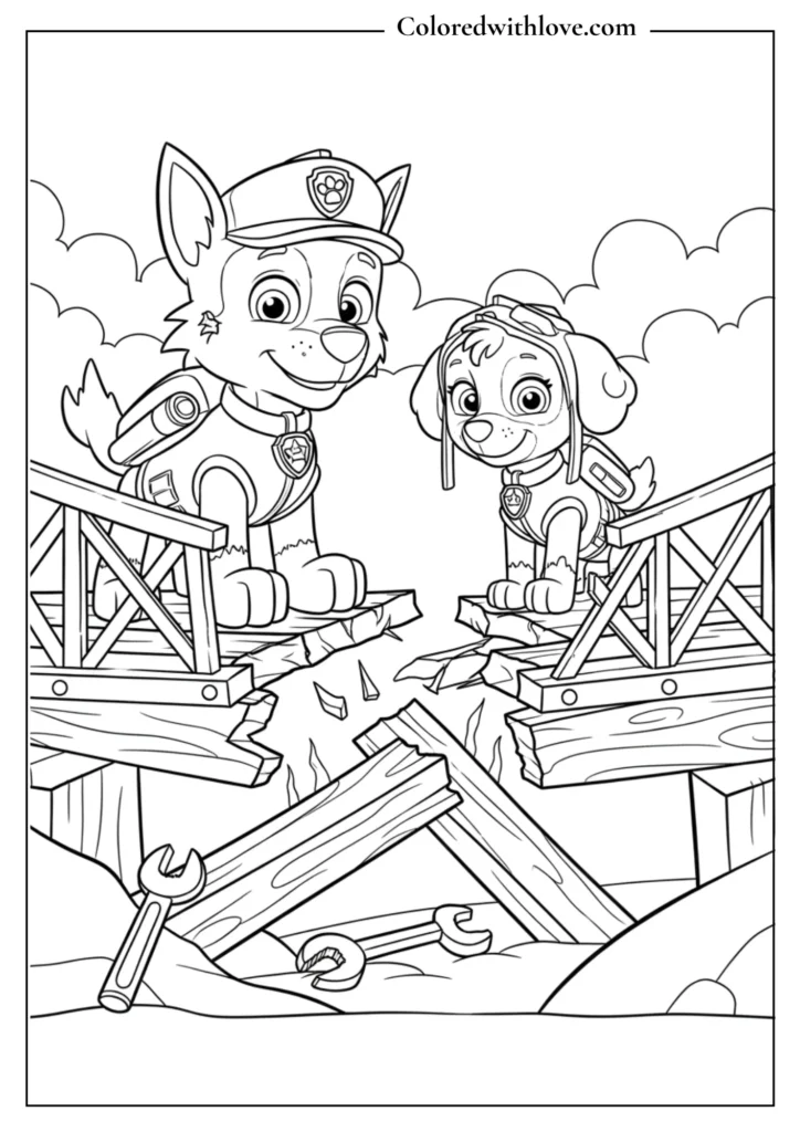 Paw Patrol rocky and Skye repairing broken bridge coloring page