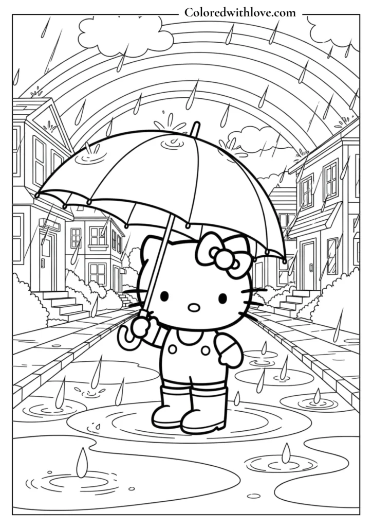 Hello Kitty standing in the rain holding an umbrella on a city street with puddles and a rainbow, cute rainy day coloring page for kids