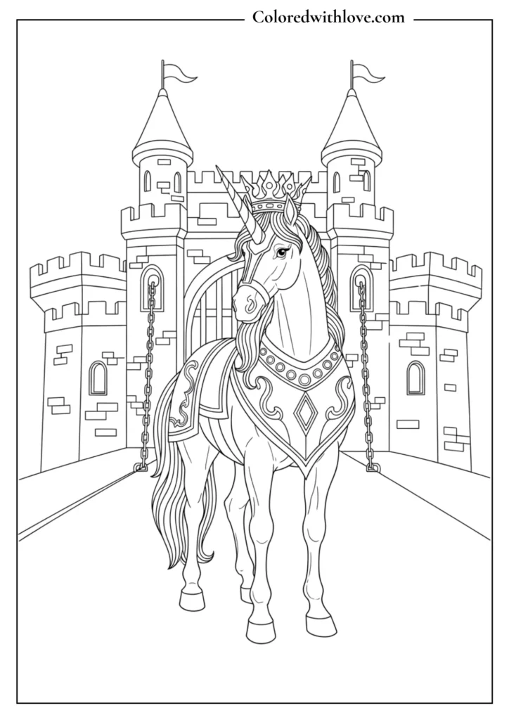 A regal unicorn wearing royal armor in front of a castle gate. Great for kids who love fantasy themes.