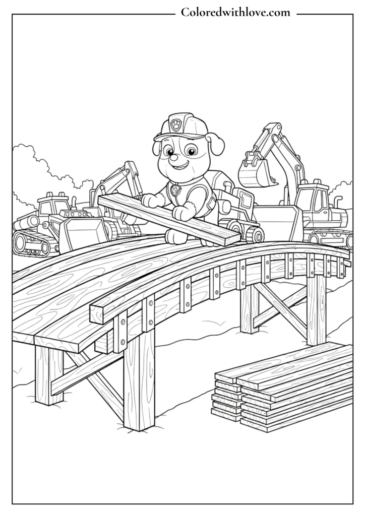 Paw Patrol Rubble building wooden bridge construction scene coloring page