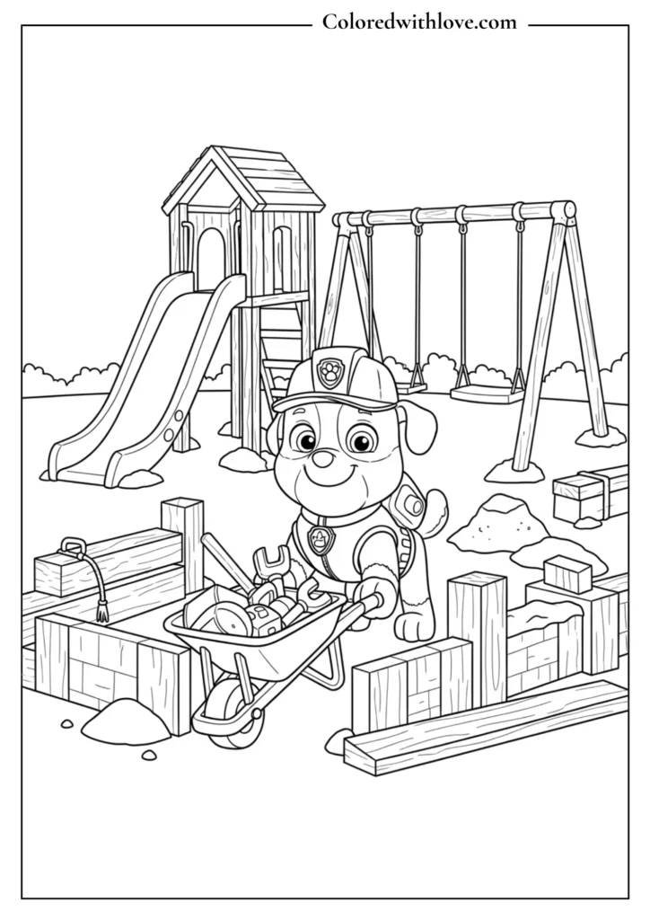 Paw Patrol Rubble pushing wheelbarrow at playground construction site coloring page