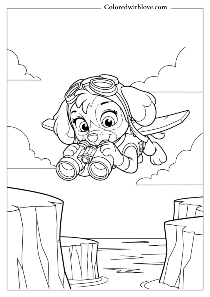 Paw Patrol Skye flying over ocean cliffs with binoculars coloring page
