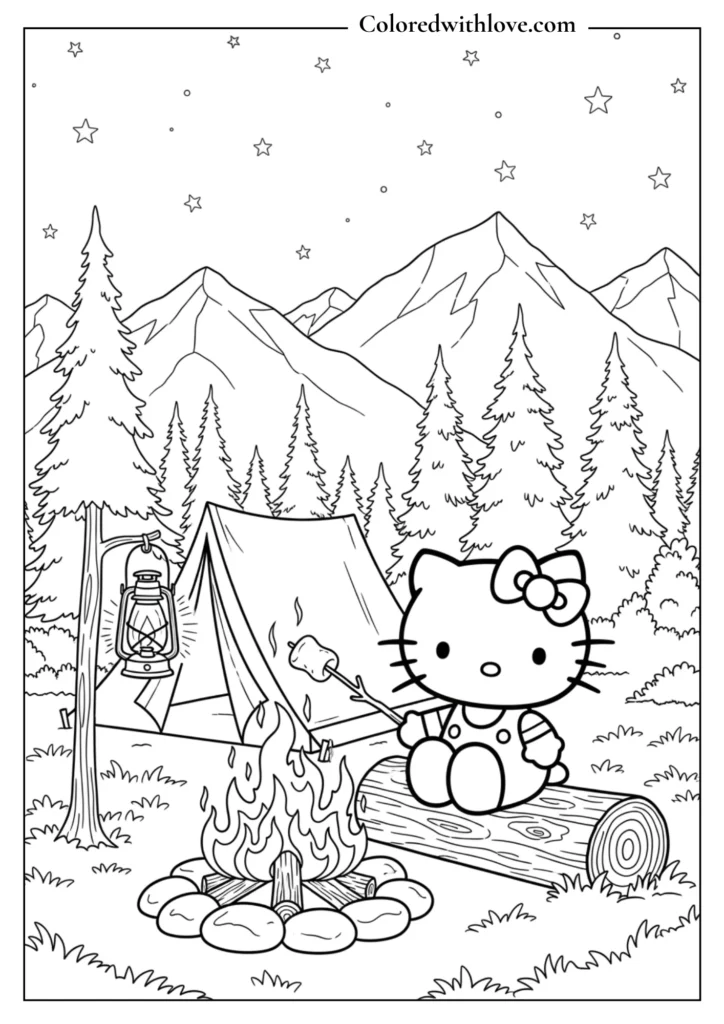 Hello Kitty sitting on a log roasting a marshmallow by a campfire with a tent and mountains under the stars, camping coloring page for kids