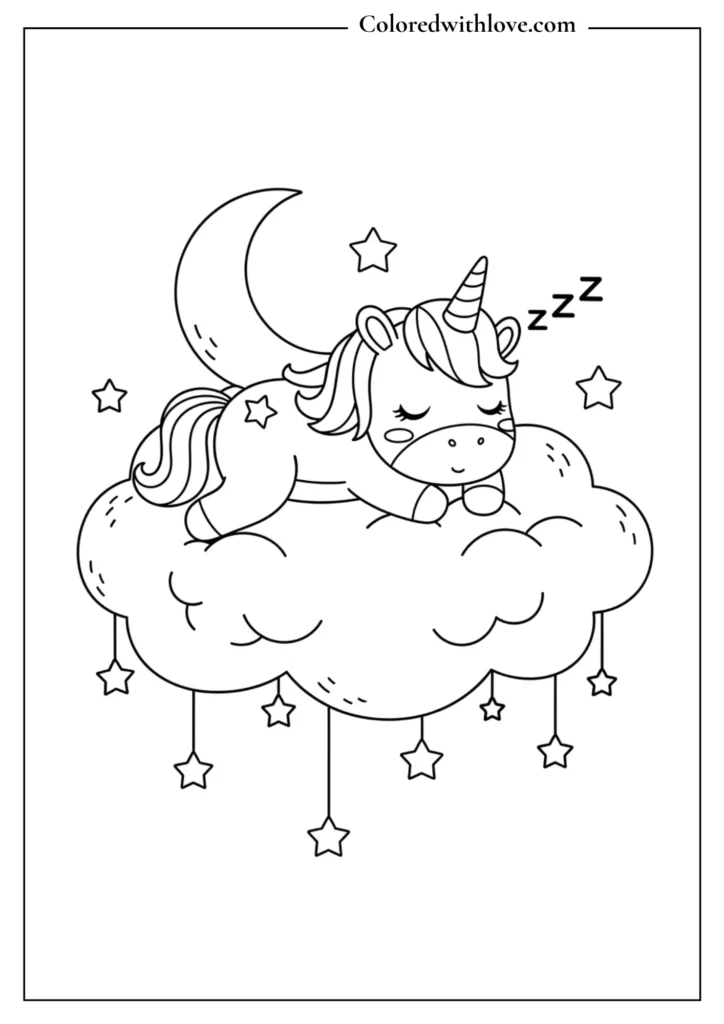 A peaceful baby unicorn sleeping on a fluffy cloud under the moon and stars.