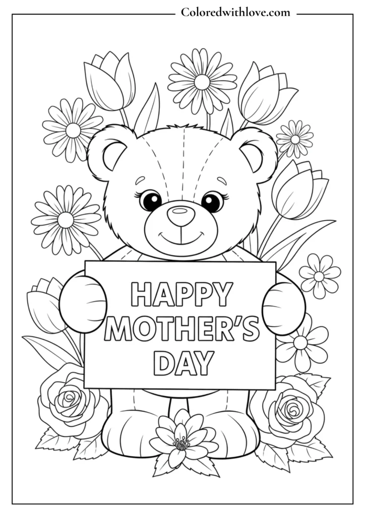 Cute Mother’s Day coloring page of a teddy bear holding a Happy Mother’s Day sign surrounded by flowers