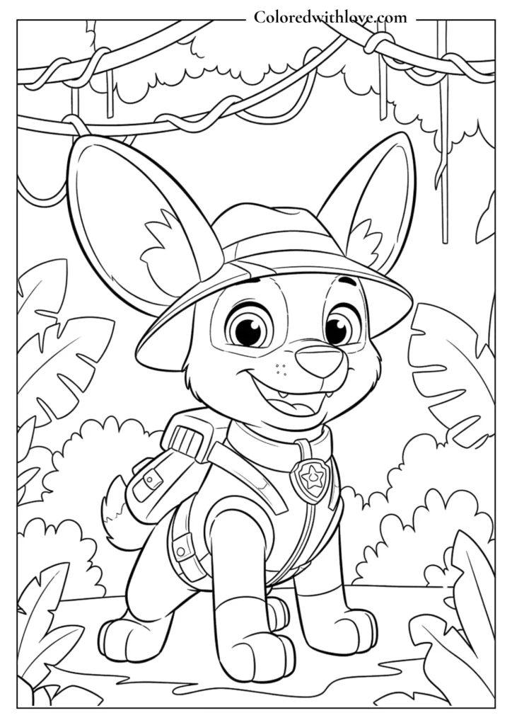 Paw Patrol Tracker in jungle explorer hat coloring page