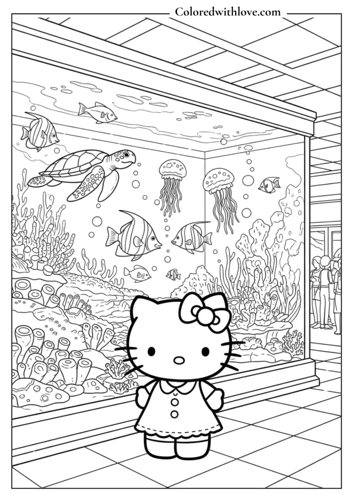 Hello Kitty standing in front of a large aquarium with fish, turtle and jellyfish, underwater coloring page for kids