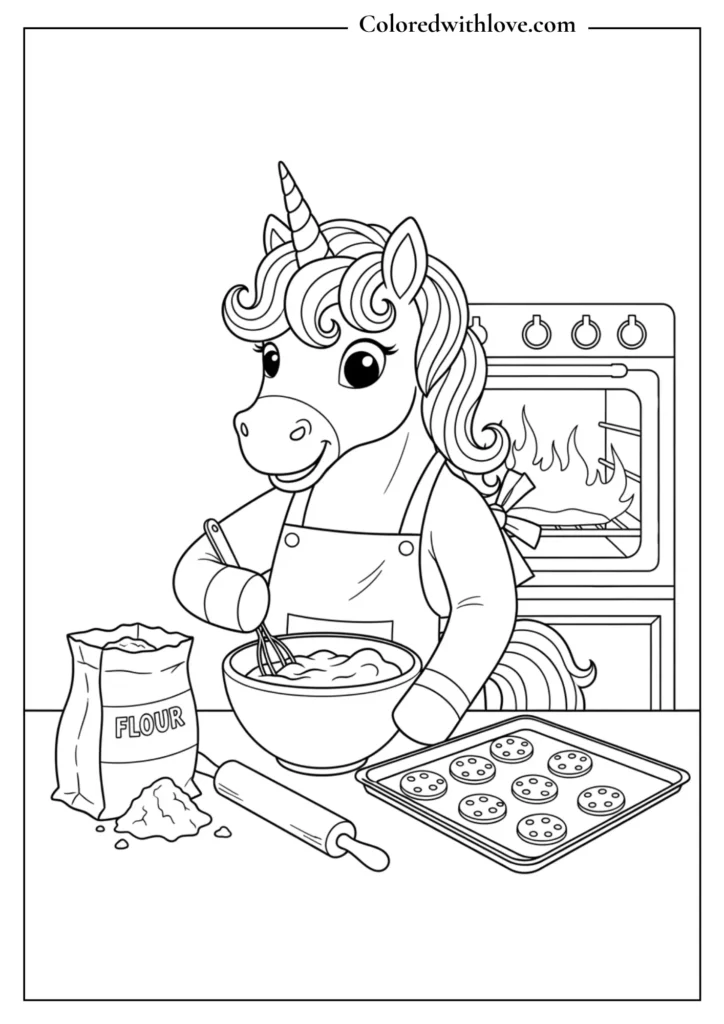 A unicorn in the kitchen baking cookies, adorable and cozy.