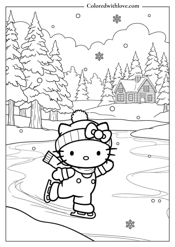 Hello Kitty ice skating on a frozen lake with snowflakes and pine trees, winter coloring page for kids