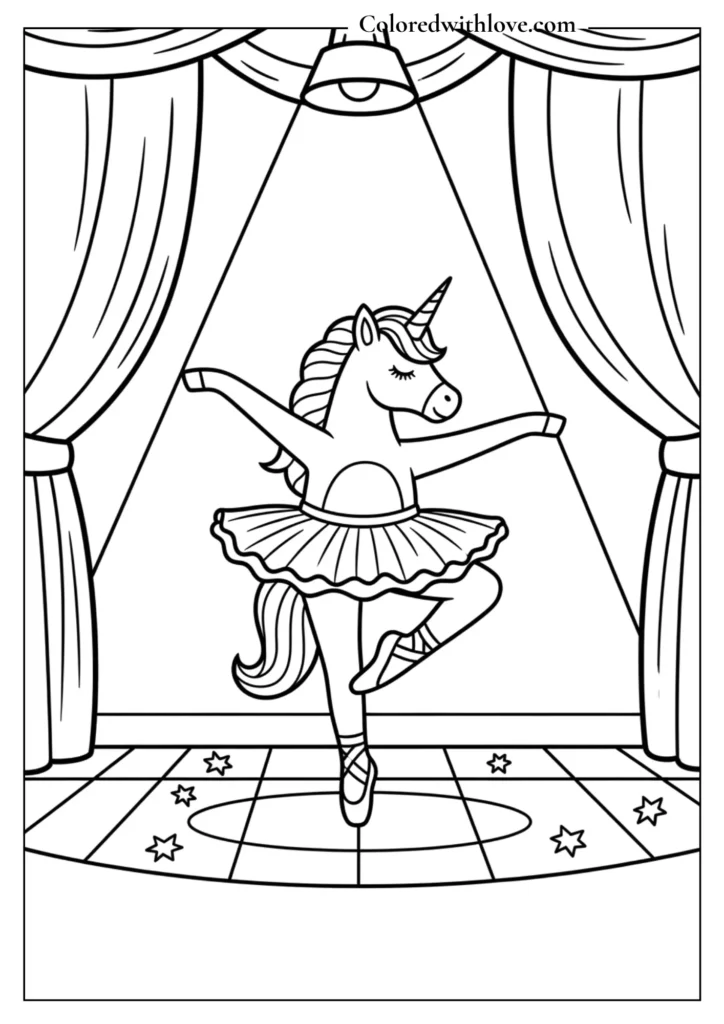 A unicorn in a tutu performing on stage under the spotlight.