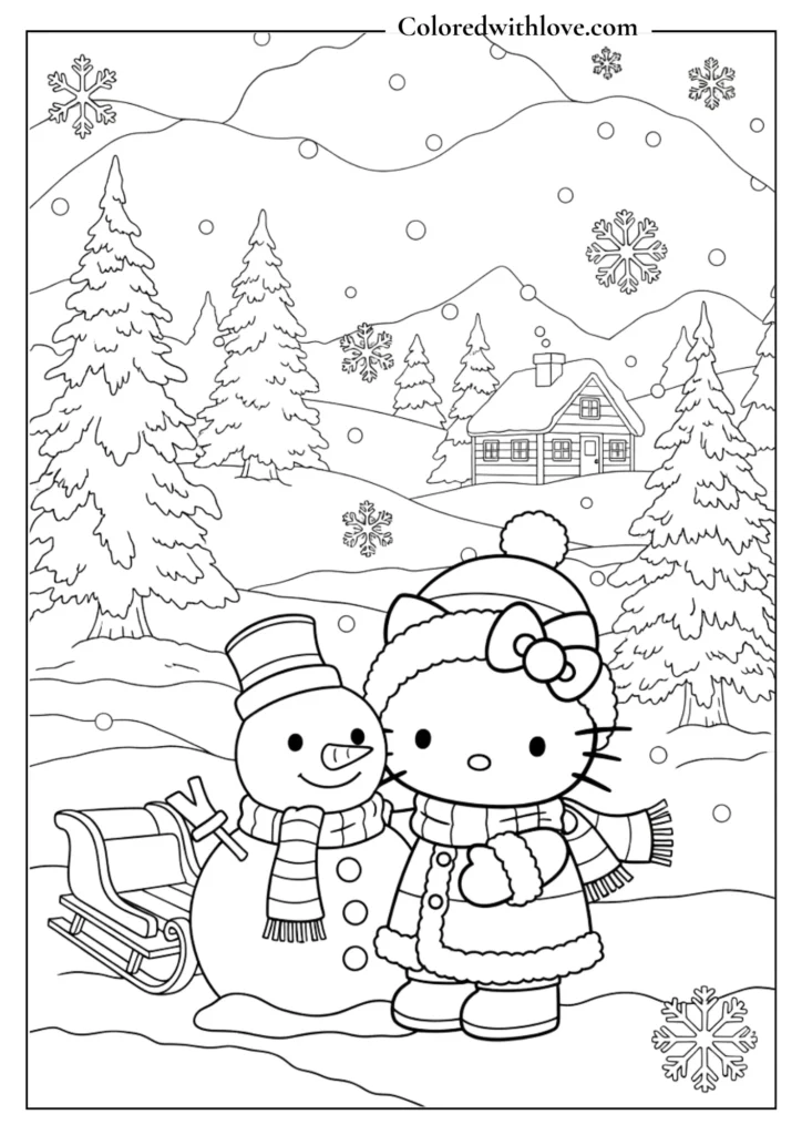 Hello Kitty wearing winter clothes standing next to a snowman with sled and snowy trees, Christmas winter coloring page
