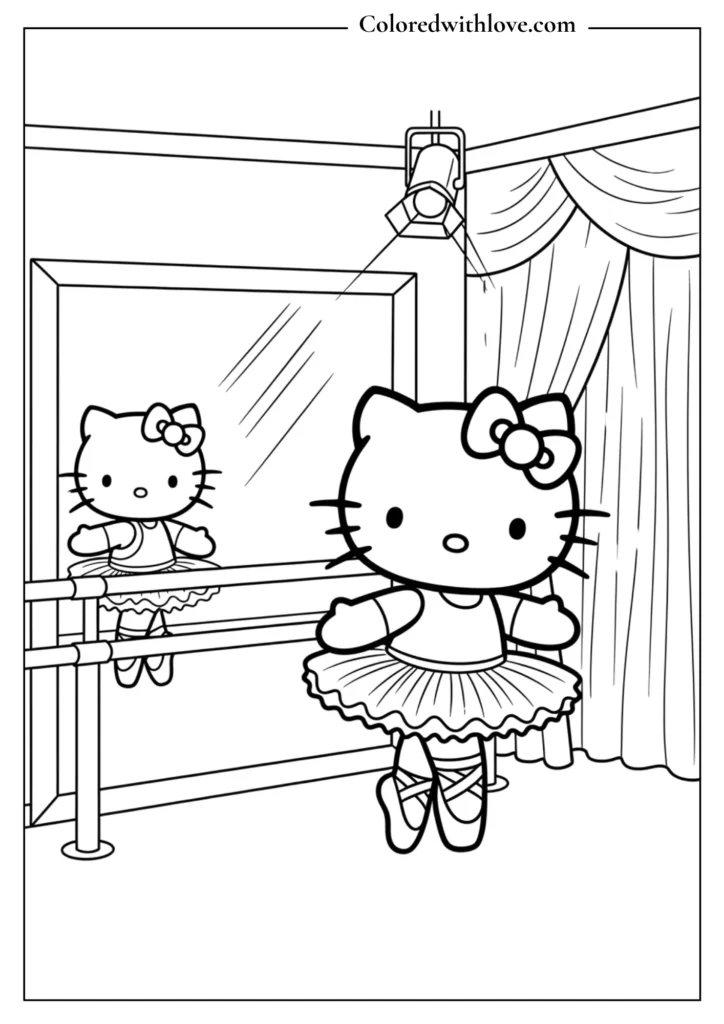 Hello Kitty wearing a ballet tutu practicing at the barre in a dance studio with mirror and stage lights, ballet coloring page for kids