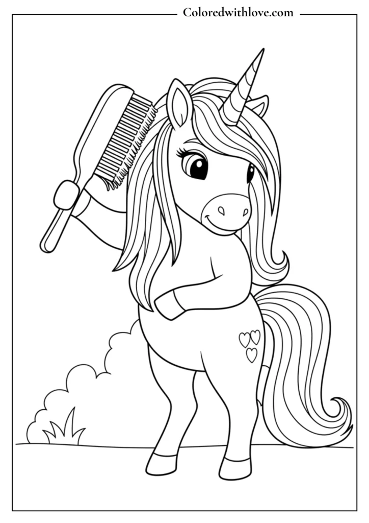 Unicorn Brushing Her hair with a comb
