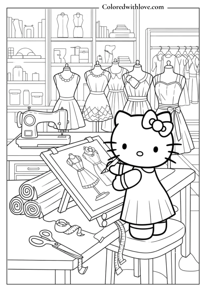 Hello Kitty designing dresses in a fashion studio with sewing machine, mannequins and fabric rolls, creative coloring page for kids