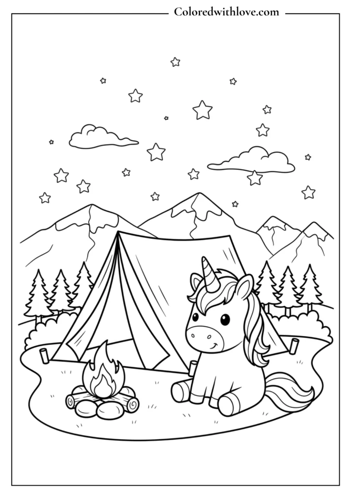 A nighttime camping scene with stars and a cozy tent.