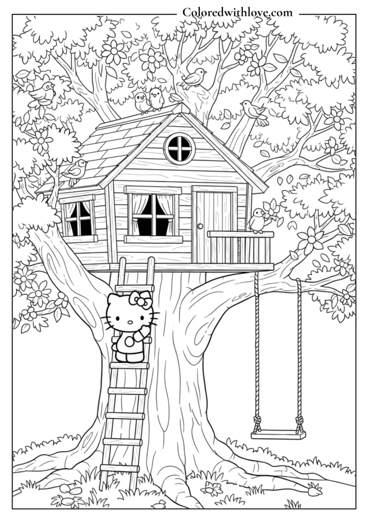Hello Kitty climbing a ladder to a treehouse surrounded by birds and flowers, cute outdoor adventure coloring page for kids