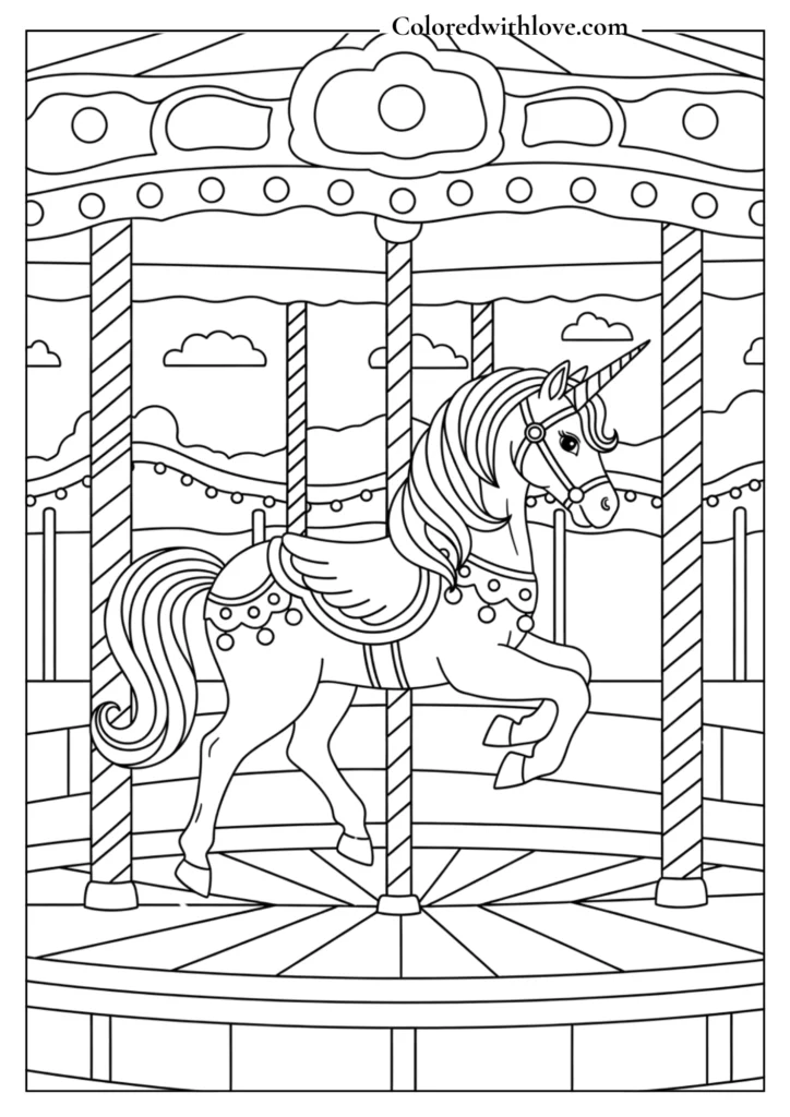 A carnival-inspired unicorn on a merry-go-round. Full of joyful energy.