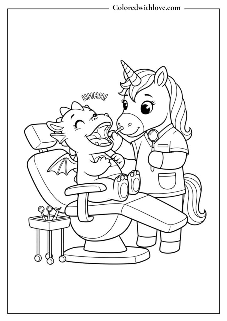 A playful unicorn dentist treating a dragon patient, educational and funny.