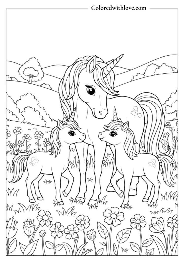 A heartwarming mother unicorn with her two baby unicorns in a meadow.